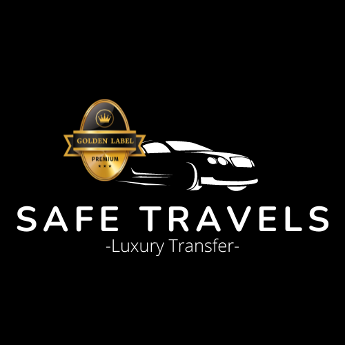 Logo of Safe Travels, featuring a stylized black sedan with a gold trim, under the text "Safe Travels" and above the subtitle "Luxury Transfer". The logo also includes a gold badge marked "Golden Label Premium"